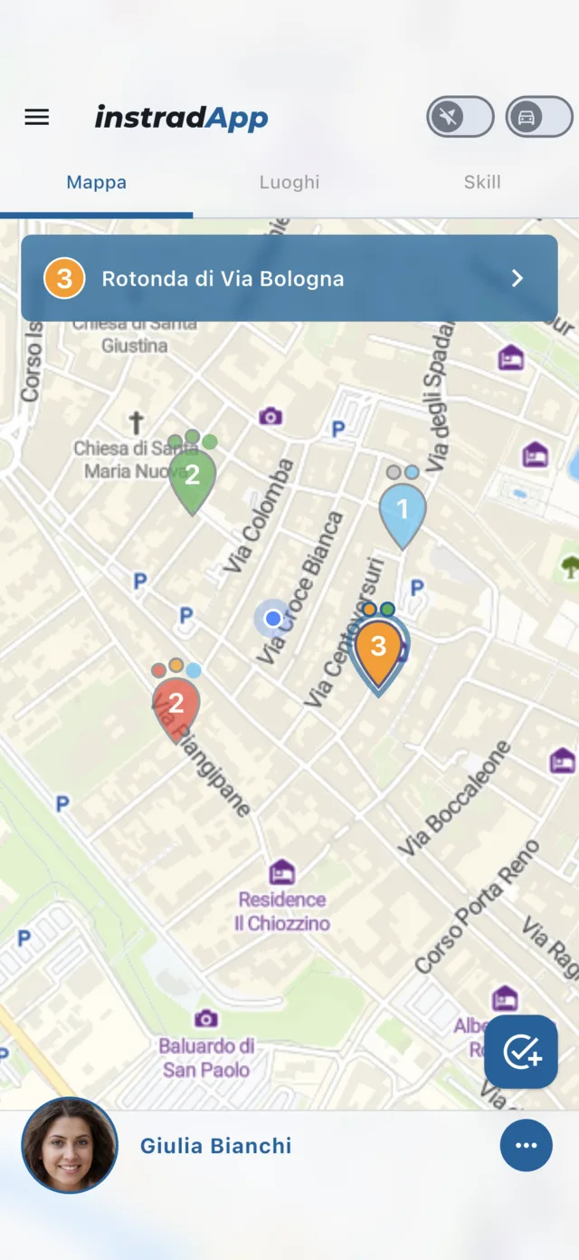 La mappa di instradApp con i luoghi di esercitazione colorati in verde, giallo e rosso
