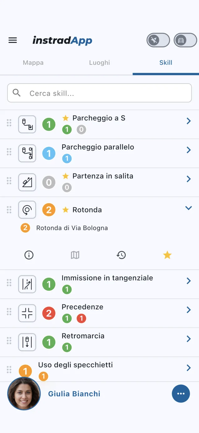 Elenco delle abilità di guida con i progressi colorati